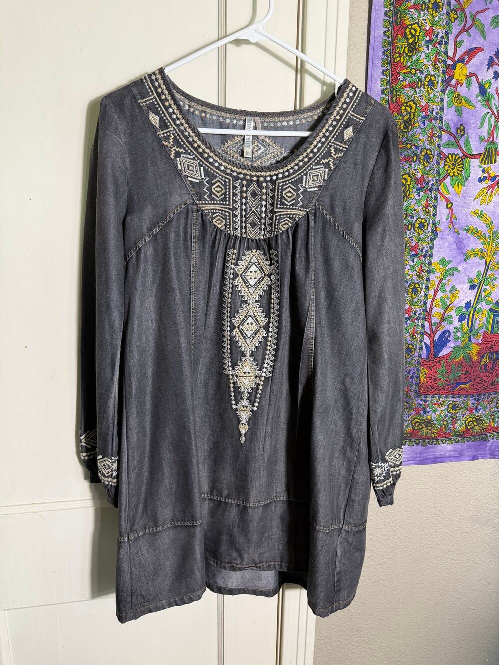 Monoreno M Embroidered Tunic Top Gray Boho Western Southwestern Long Sleeve - Picture 1 of 9